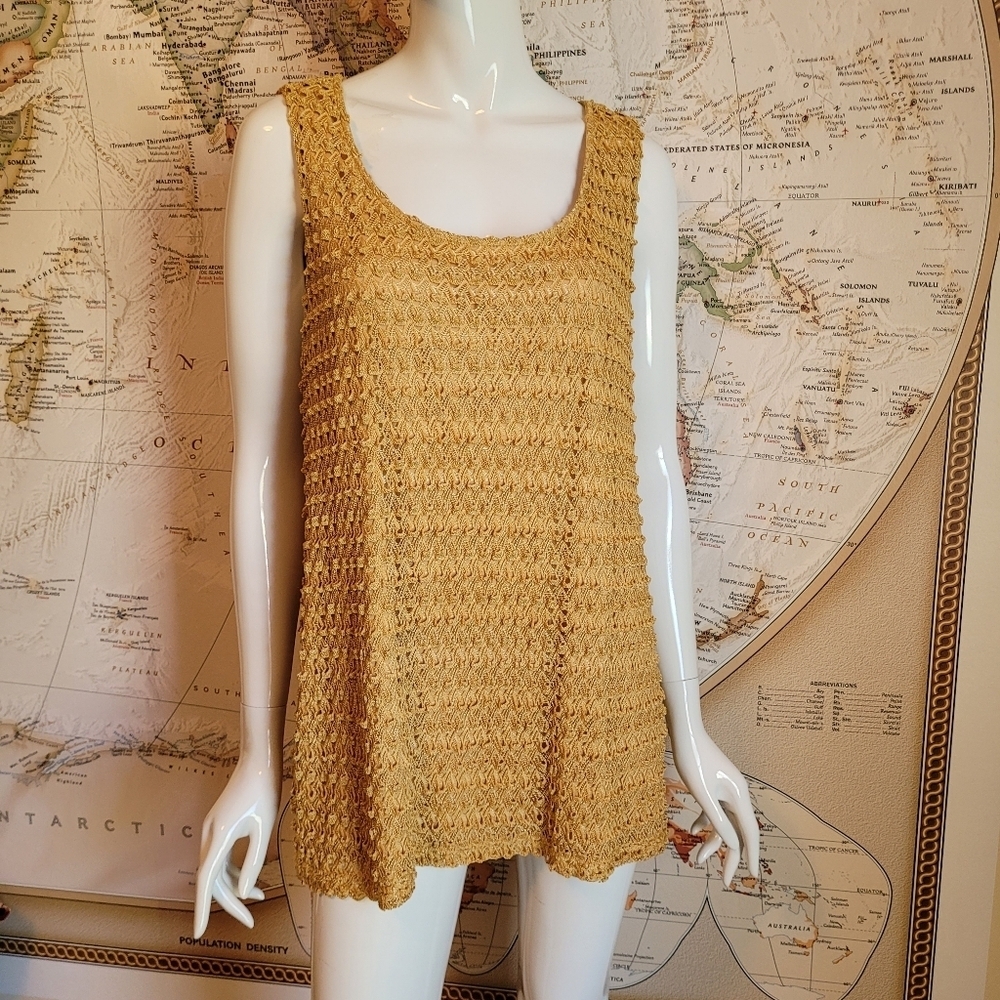 Roz & Ali lined scoop neck gold stretch crochet tank metallic threads fancy 2X